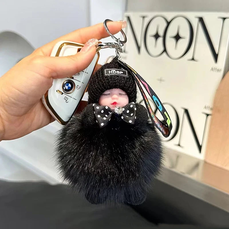 Cute Fluffy Sleepy Doll Keychain – Kawaii Plush Bag Charm Car Key Ring Gift