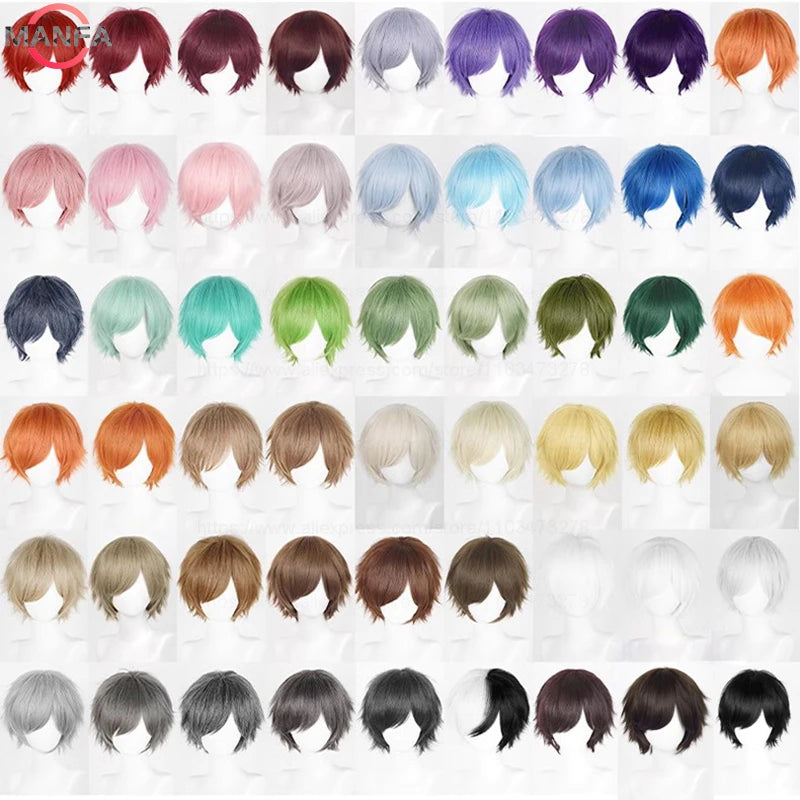 Short Straight Anime Cosplay Wig – 30cm Heat Resistant Synthetic Hair in Solid & Mixed Colors for Men and Women