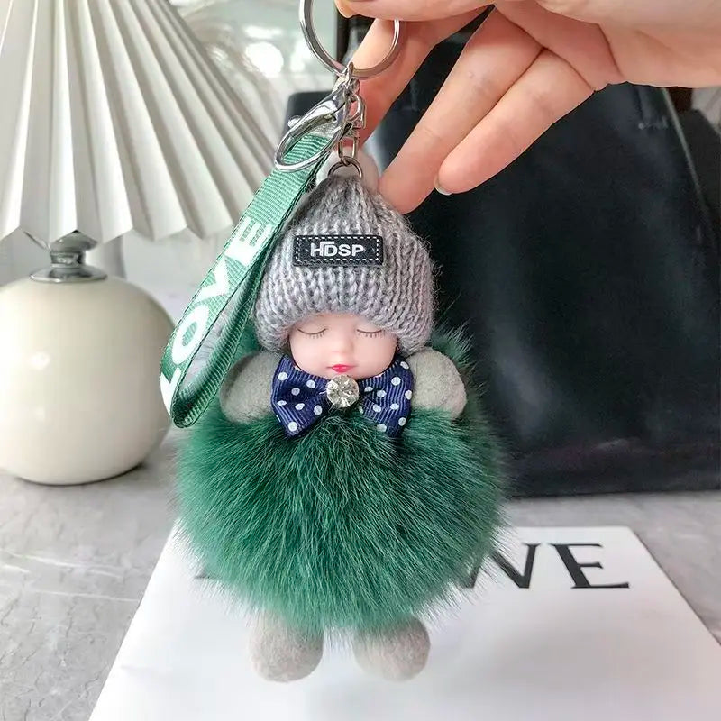 Cute Fluffy Sleepy Doll Keychain – Kawaii Plush Bag Charm Car Key Ring Gift