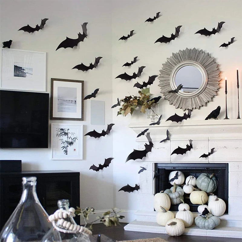 Halloween 3D Black Bat Wall Stickers 12-Piece Set for Home Window Party Decor