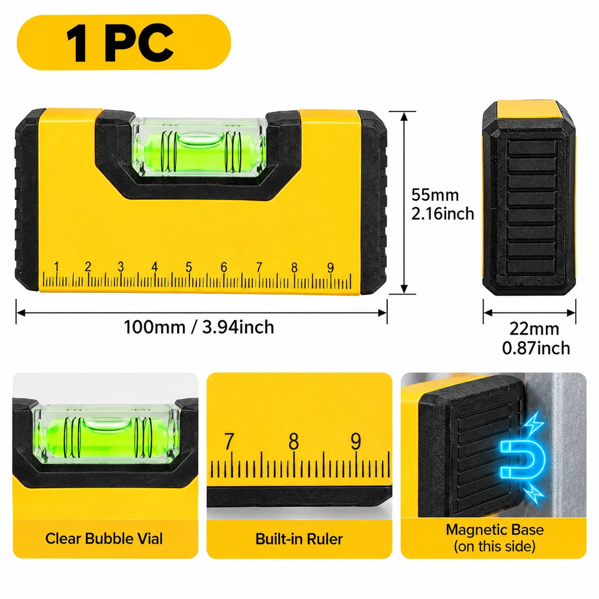 100mm Magnetic Pocket Spirit Level - Precision Aluminum Bubble Level for Woodworking