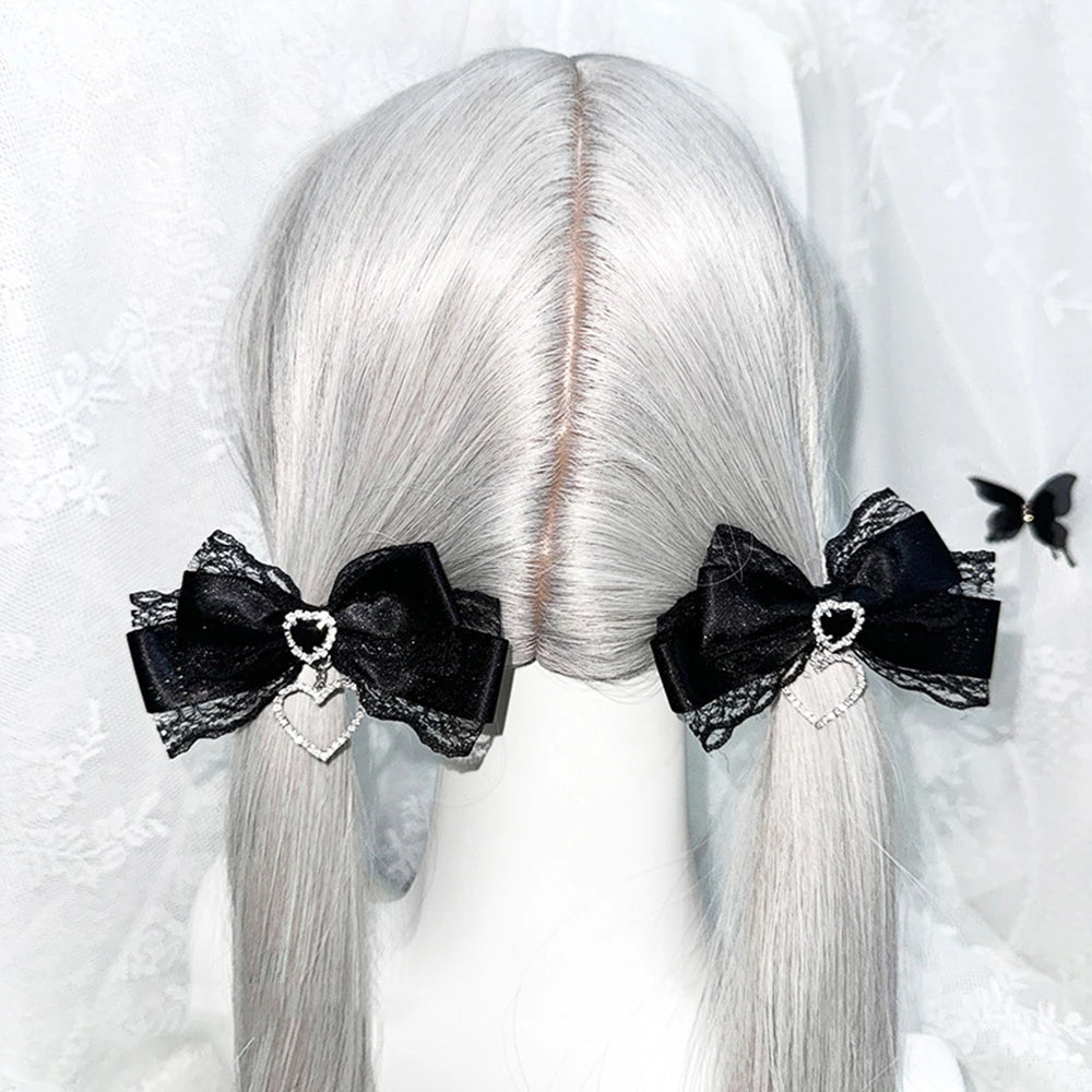 Y2K Gothic Harajuku Lace Bow Hair Clips – Lolita Double Ponytail Hairpins & DIY Bag Decor for Girls