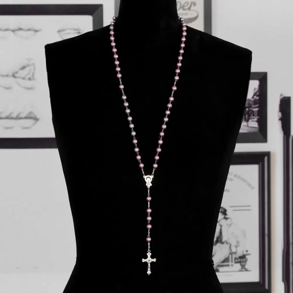 Rosary Bead Cross Necklace Vintage Virgin Mary Pendant Gothic Catholic Jewelry