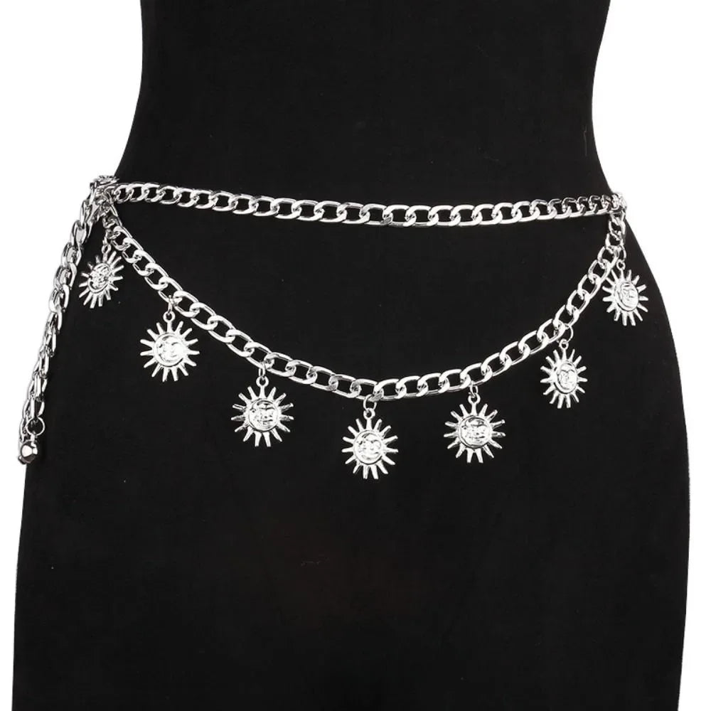 Punk Hip Hop Sun Waist Chain Belt – Vintage Gold & Silver Metal High Waist Chain for Women