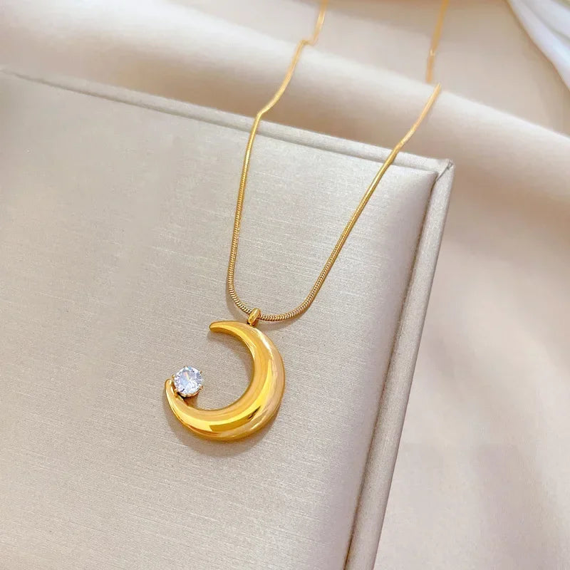 Crescent Moon Pendant Necklace Stainless Steel Zircon Vintage Jewelry
