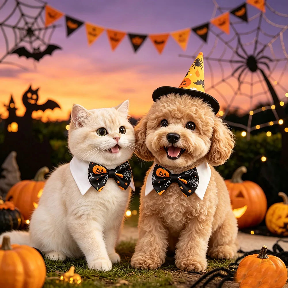 Pet Halloween Costume Set - Pumpkin Spider Wizard Hat & Bow Tie Collar for Dogs Cats