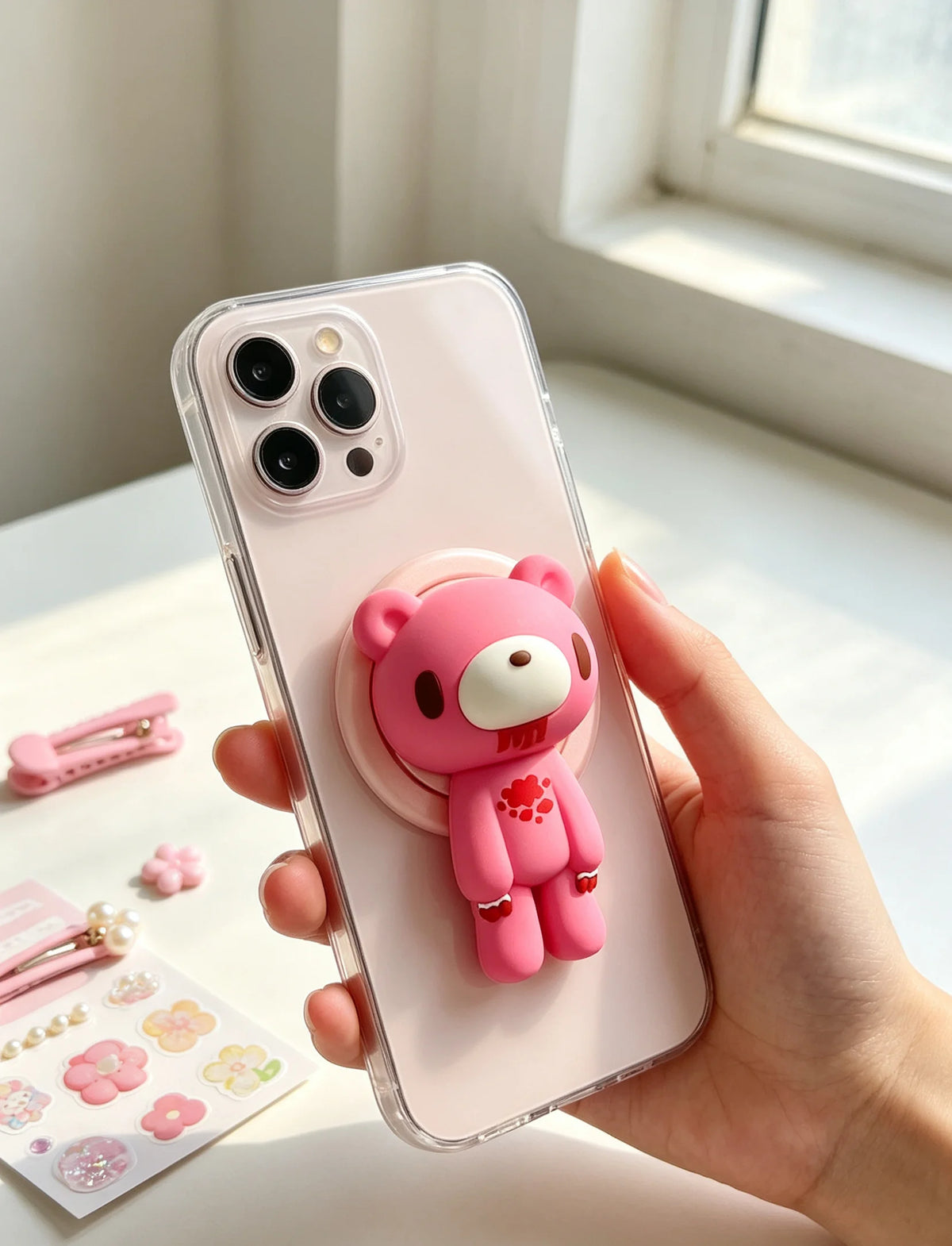 Gothic Bloody Bear Phone Grip and Stand, 360° Rotating Horror Design