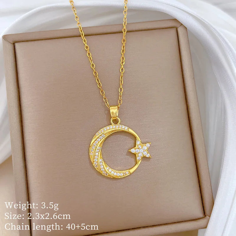 Crescent Moon Pendant Necklace Stainless Steel Zircon Vintage Jewelry