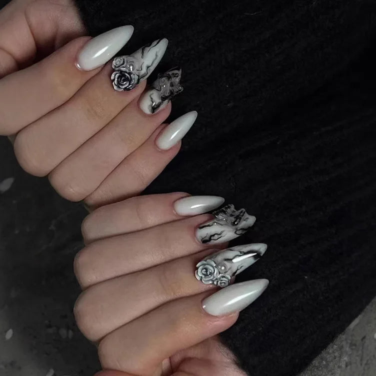 24Pcs Black Y2K Press On Nails, Diamond Butterfly Halloween Long Almond Tips