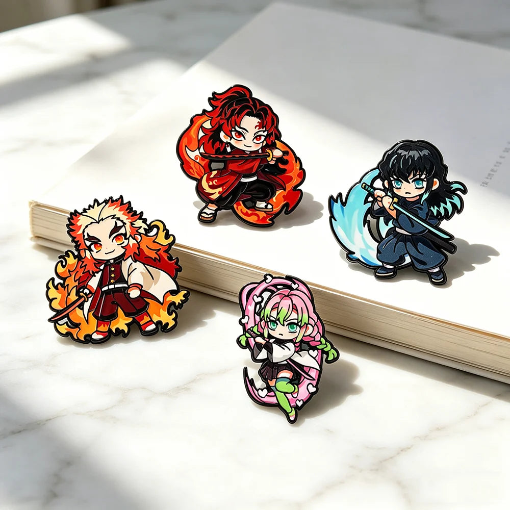 Demon Slayer Enamel Pins Set 4pcs Rengoku Anime Cartoon Jewelry Brooch Accessory