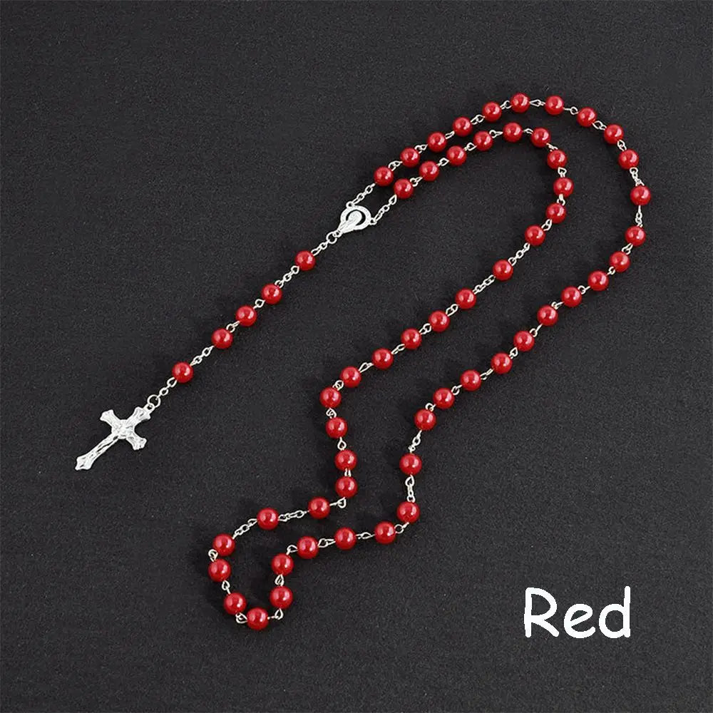 Rosary Bead Cross Necklace Vintage Virgin Mary Pendant Gothic Catholic Jewelry
