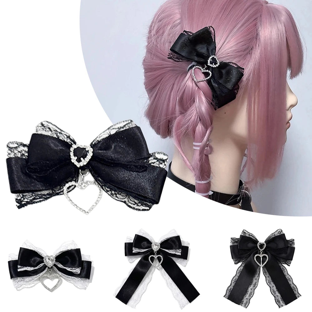 Y2K Gothic Harajuku Lace Bow Hair Clips – Lolita Double Ponytail Hairpins & DIY Bag Decor for Girls