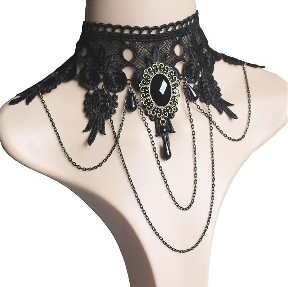 Gothic Victorian Black Lace Choker Necklace with Crystal Tassel, Dark Lolita Jewelry