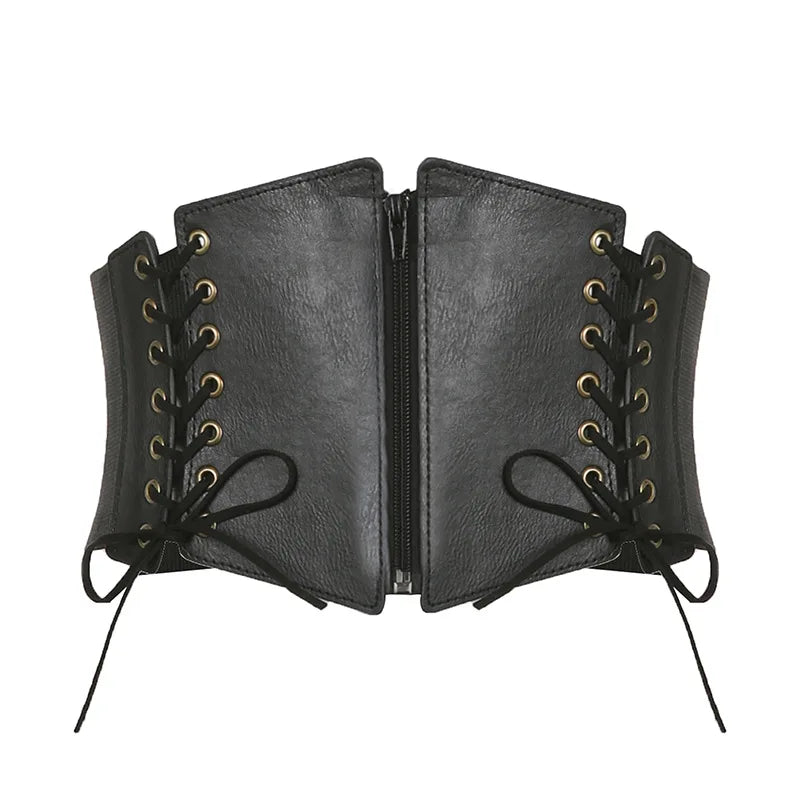 Gothic PU Leather Corset Wide Belt – Elastic High Waist Slimming Dress Girdle