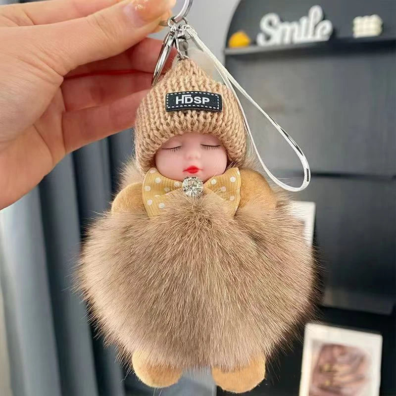 Cute Fluffy Sleepy Doll Keychain – Kawaii Plush Bag Charm Car Key Ring Gift