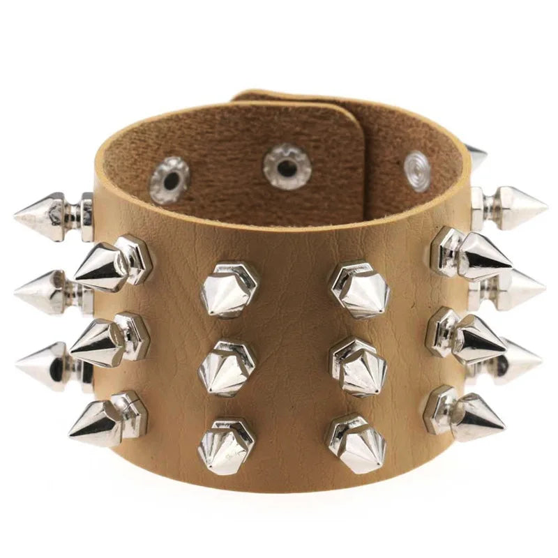 Three-Row Spiked Rivet Stud Wide Cuff Bracelet – Black PU Leather Punk Gothic Wristband