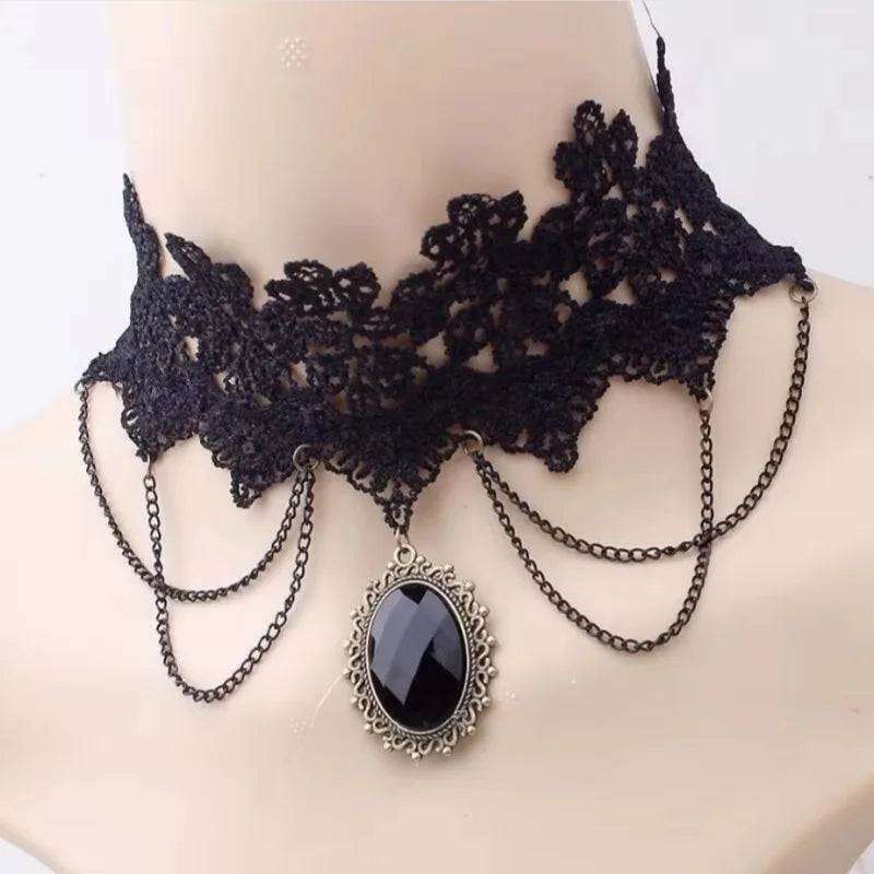 Gothic Victorian Black Lace Choker Necklace with Crystal Tassel, Dark Lolita Jewelry