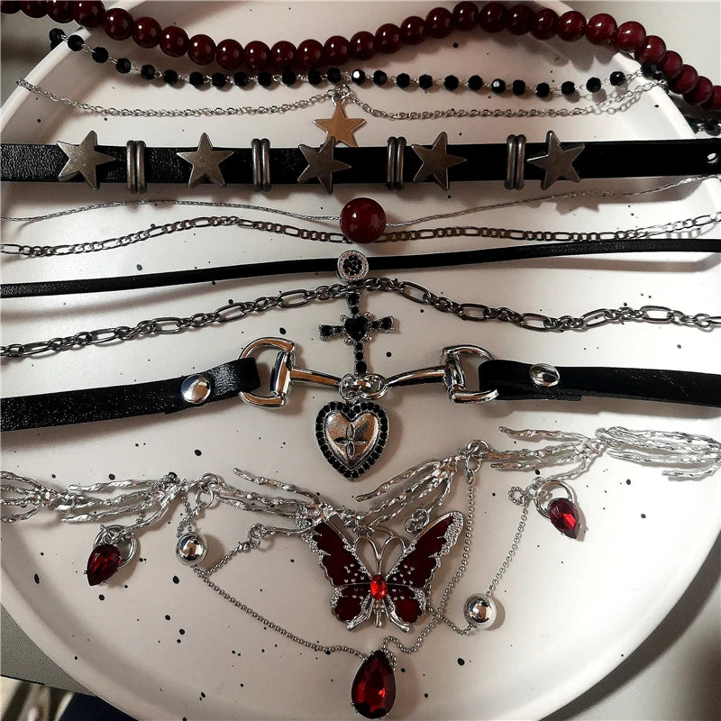 Gothic Red Butterfly Pendant Choker Necklace – Y2K Grunge Charm Jewelry with Star, Heart, Cross & Ghost Claw