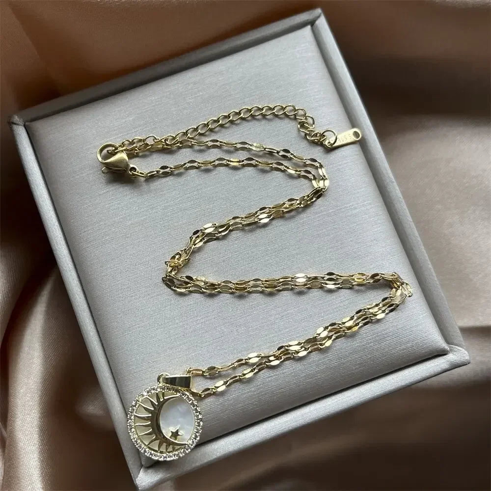 Crescent Moon Pendant Necklace Stainless Steel Zircon Vintage Jewelry