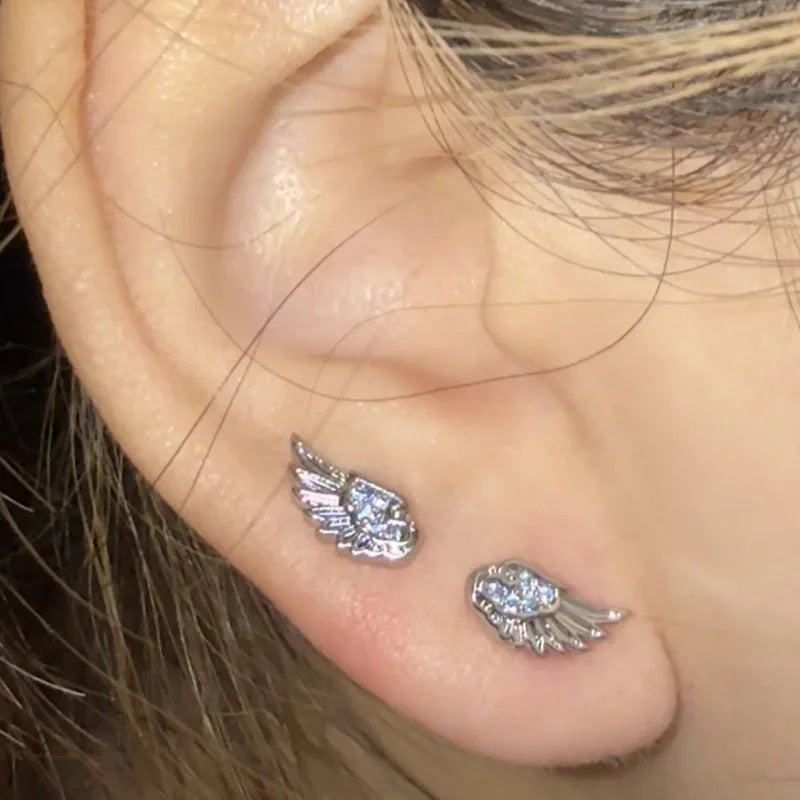 Wing Design Stackable Ear Studs for Women - Y2K Punk Gothic Cross Piercing Earrings