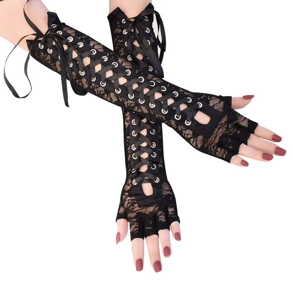 Fingerless Fishnet Lace Gloves Women Gothic Lolita Ribbon Long Elbow Mittens