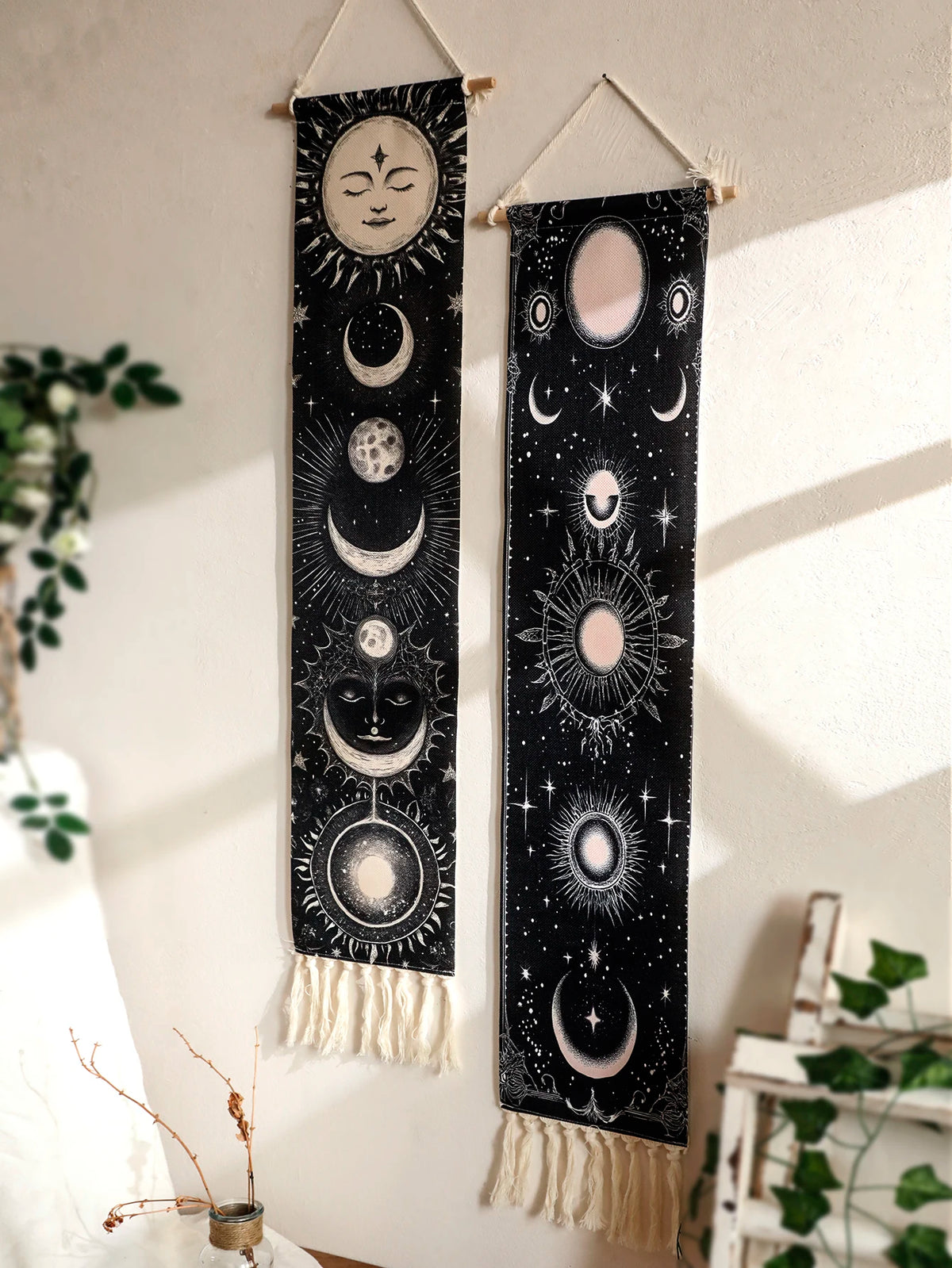 Celestial Moon Phase Tapestry Wall Hanging - Gothic Witchy Black White Boho Decor