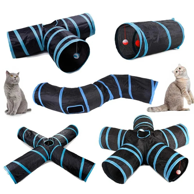 Collapsible Cat Tunnel Toy – Blue & Black Pop-Up Play Tube and Hideaway for Indoor Kittens