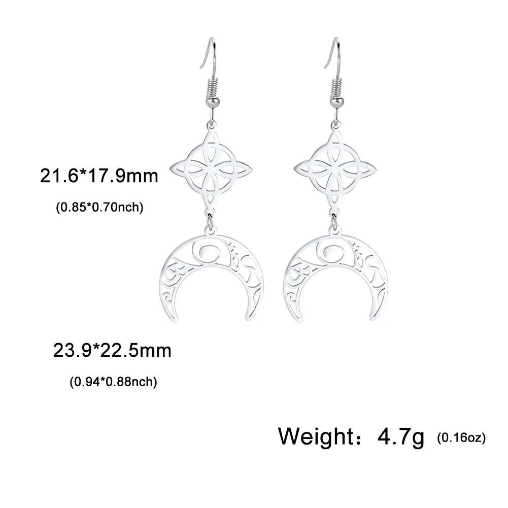 Goth Moon Phase Pentagram Earrings - Stainless Steel Witchy Dangle Jewelry