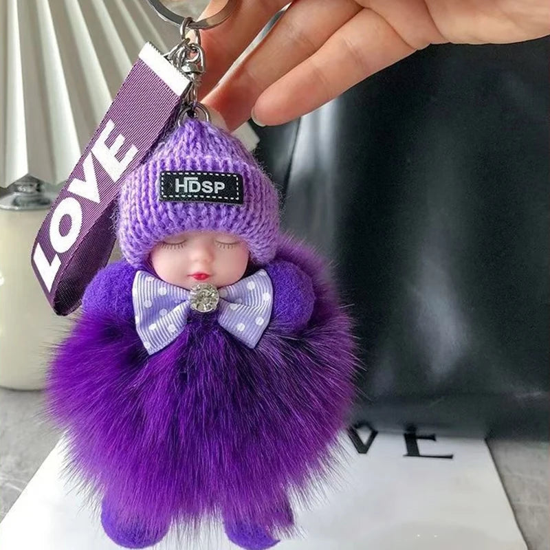 Cute Fluffy Sleepy Doll Keychain – Kawaii Plush Bag Charm Car Key Ring Gift