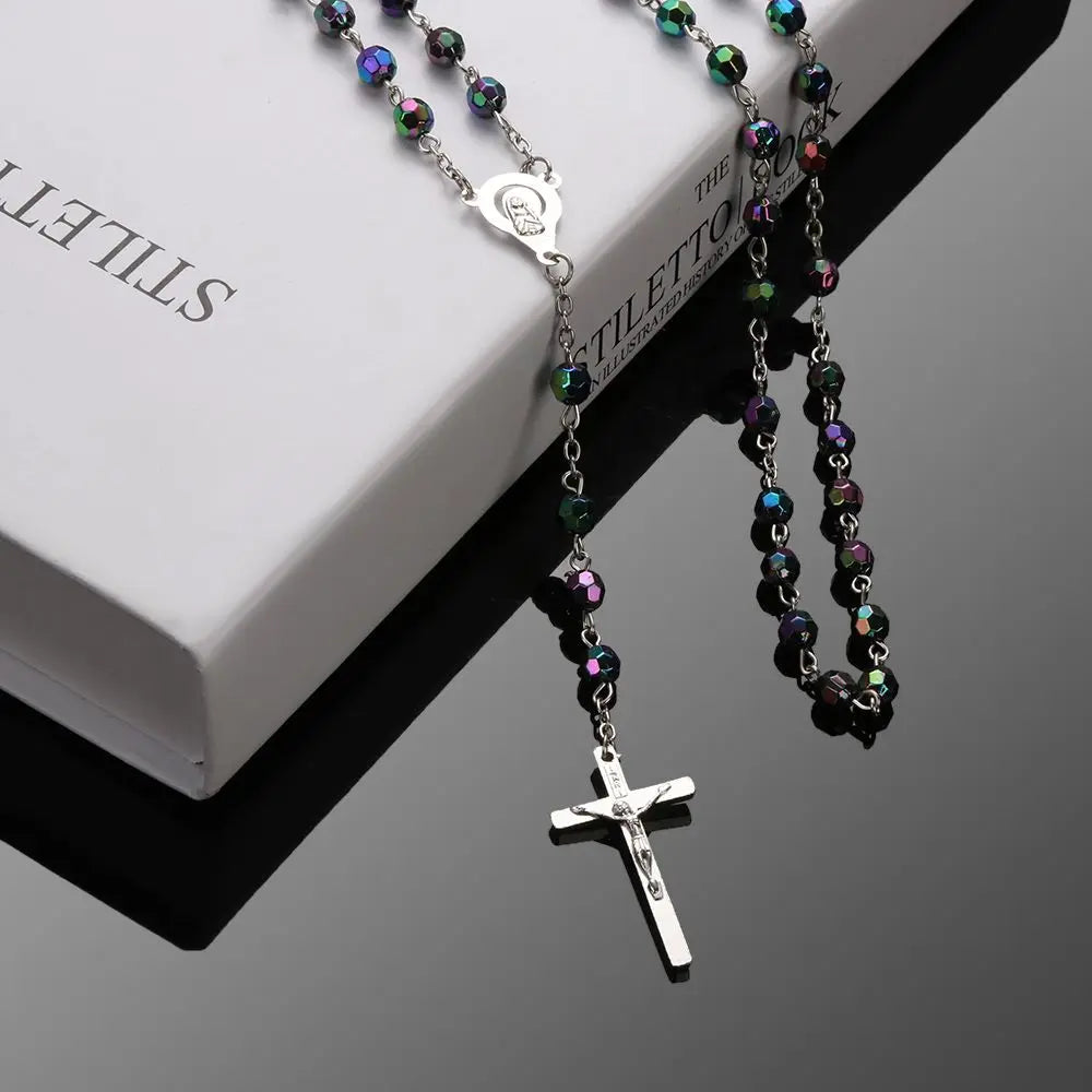 Rosary Bead Cross Necklace Vintage Virgin Mary Pendant Gothic Catholic Jewelry