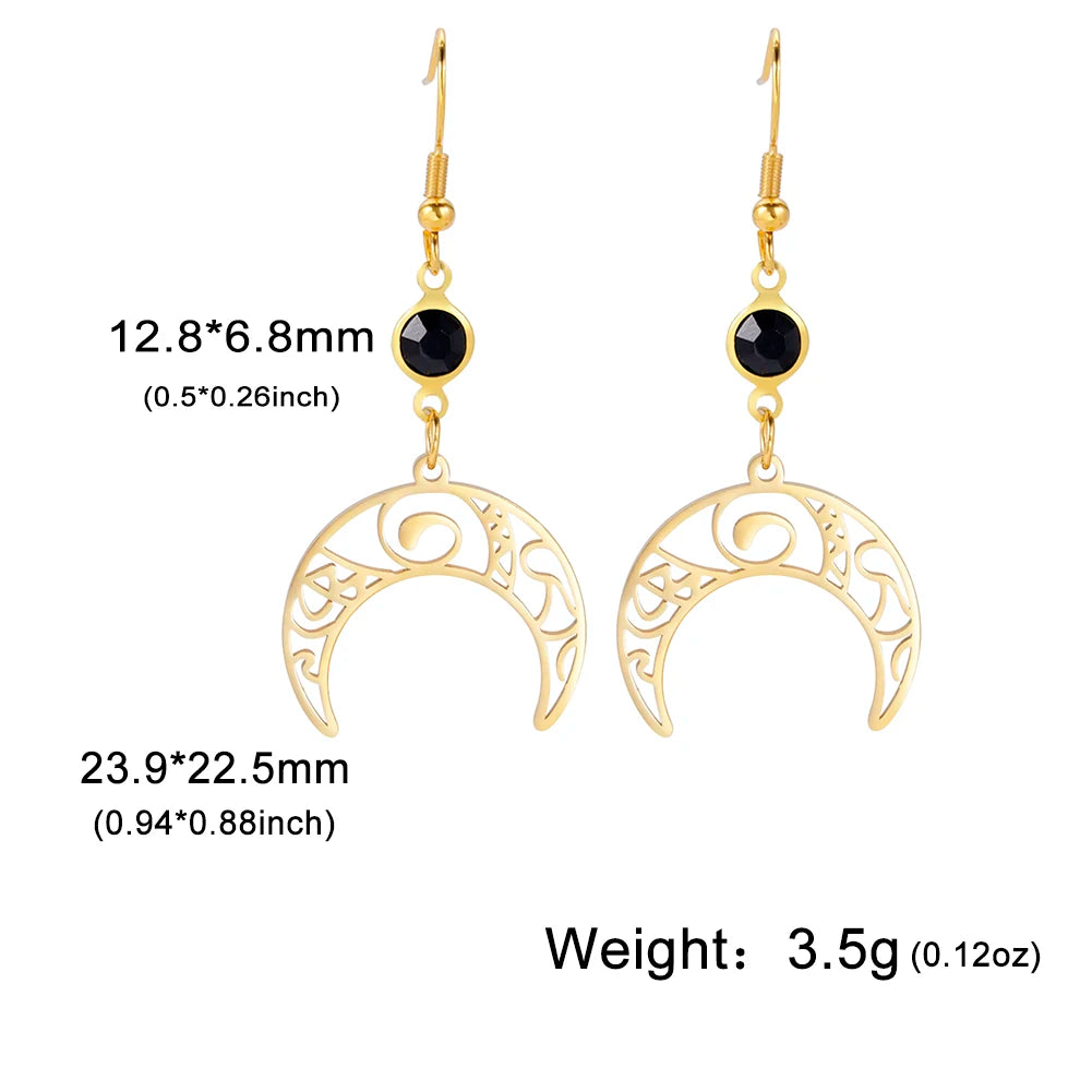 Goth Moon Phase Pentagram Earrings - Stainless Steel Witchy Dangle Jewelry
