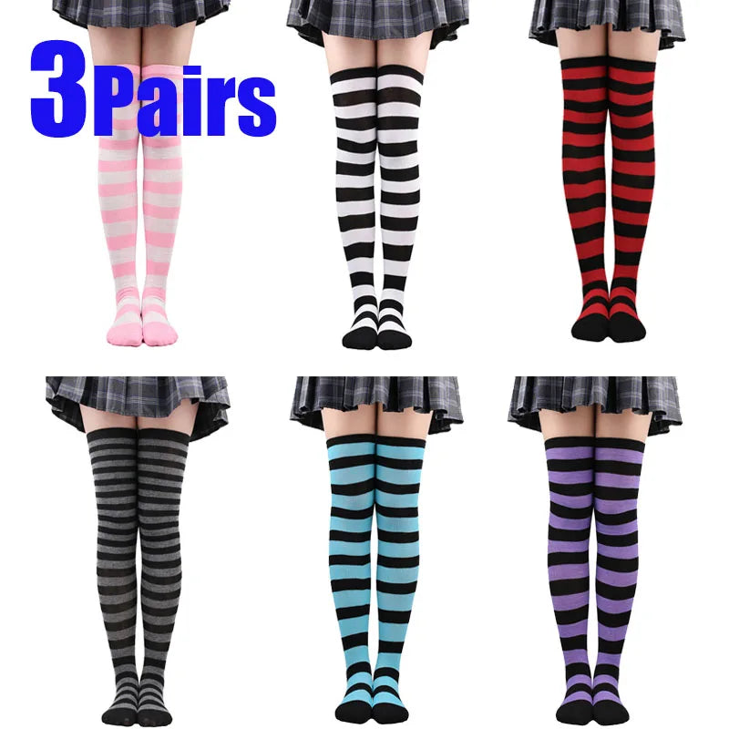 Y2K Striped Over-Knee Socks - Lolita JK Thigh High Stockings for Women