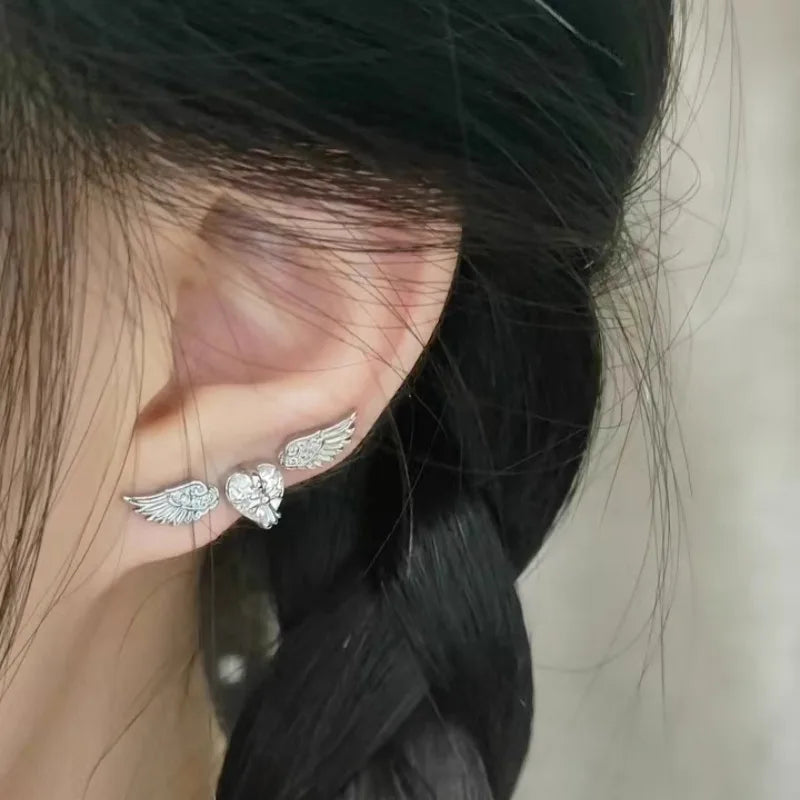 Wing Design Stackable Ear Studs for Women - Y2K Punk Gothic Cross Piercing Earrings