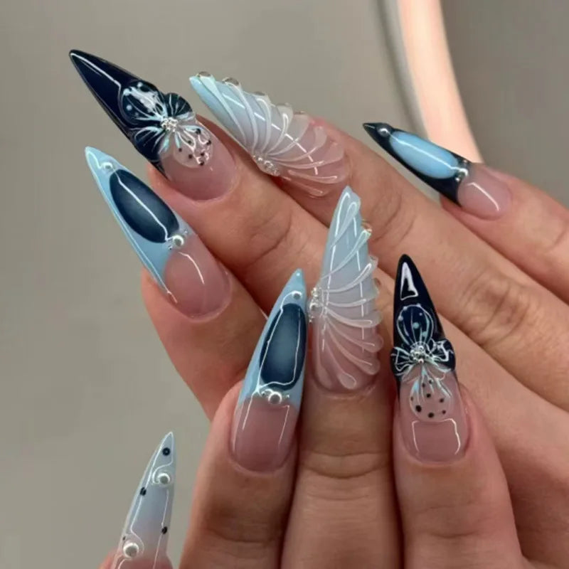 24Pcs Black Y2K Press On Nails, Diamond Butterfly Halloween Long Almond Tips