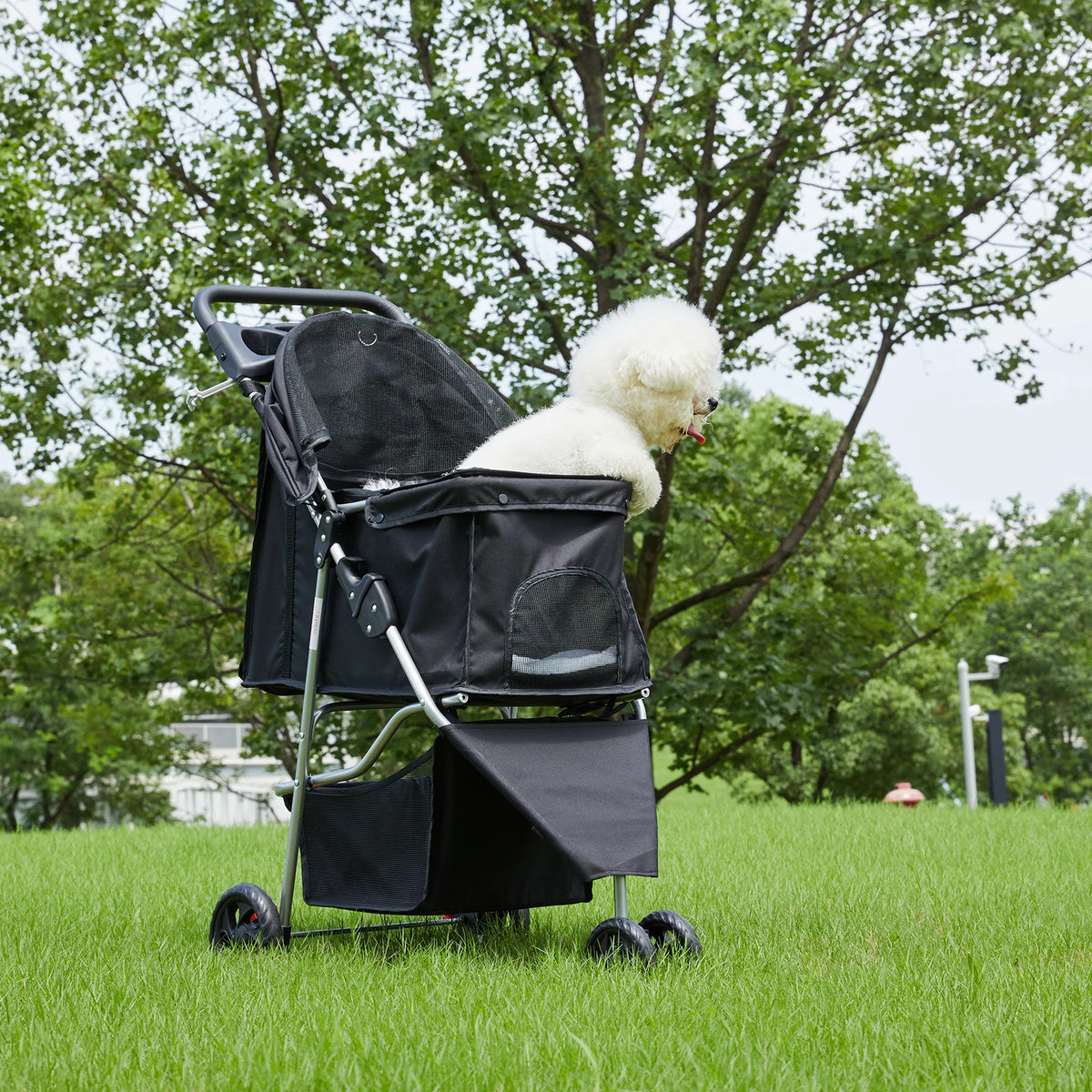 3-Wheel Foldable Pet Stroller – Lightweight Dog & Cat Carrier with Mesh Windows, Storage Basket & Cup Holder