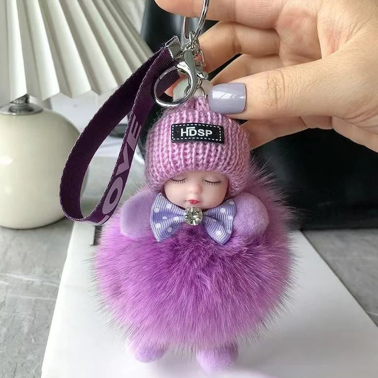 Cute Fluffy Sleepy Doll Keychain – Kawaii Plush Bag Charm Car Key Ring Gift