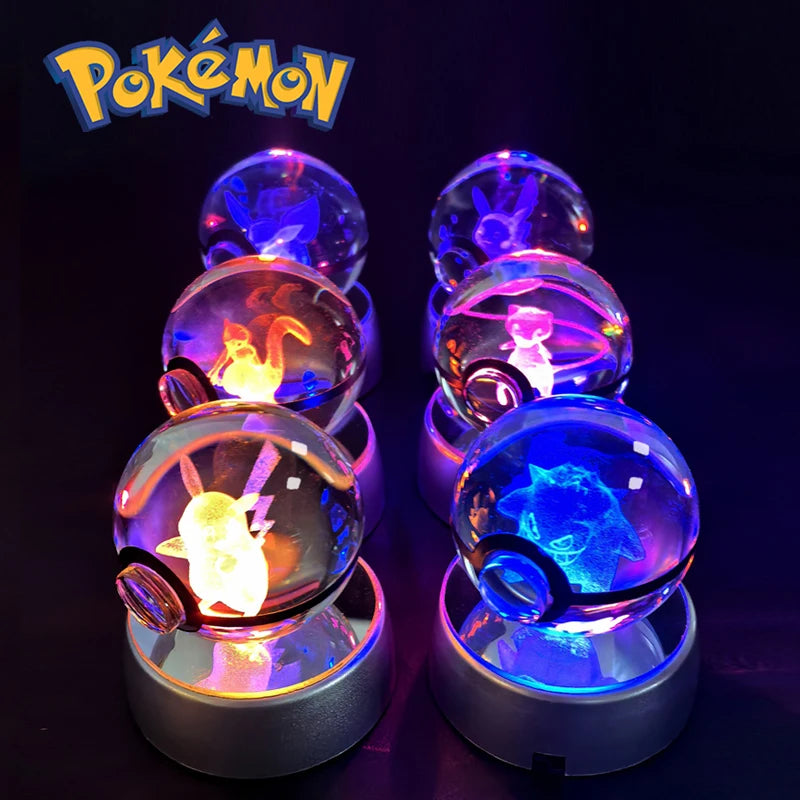 Pokemon 3D Crystal Ball Night Light - Glass Pokeball LED Lamp with Pikachu, Mewtwo & Gengar