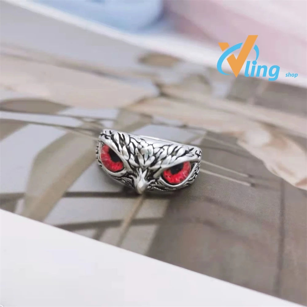 Evil Eye Owl Adjustable Ring, Antique Silver Gothic Punk Animal Finger Jewelry