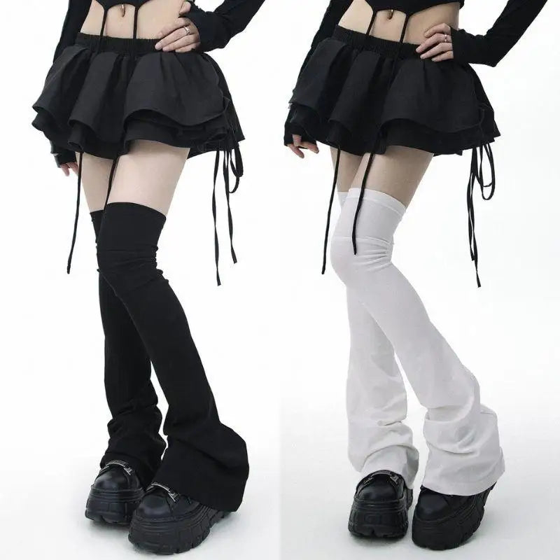 Y2K Gothic Lolita Over Knee Leg Warmers Black White Horn Cuff Punk Harajuku Socks