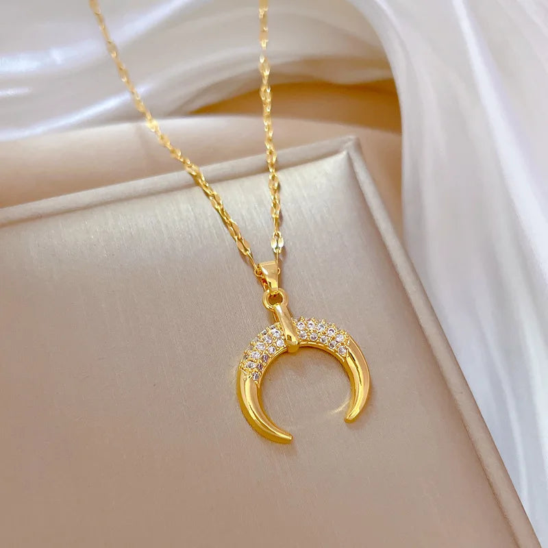 Crescent Moon Pendant Necklace Stainless Steel Zircon Vintage Jewelry