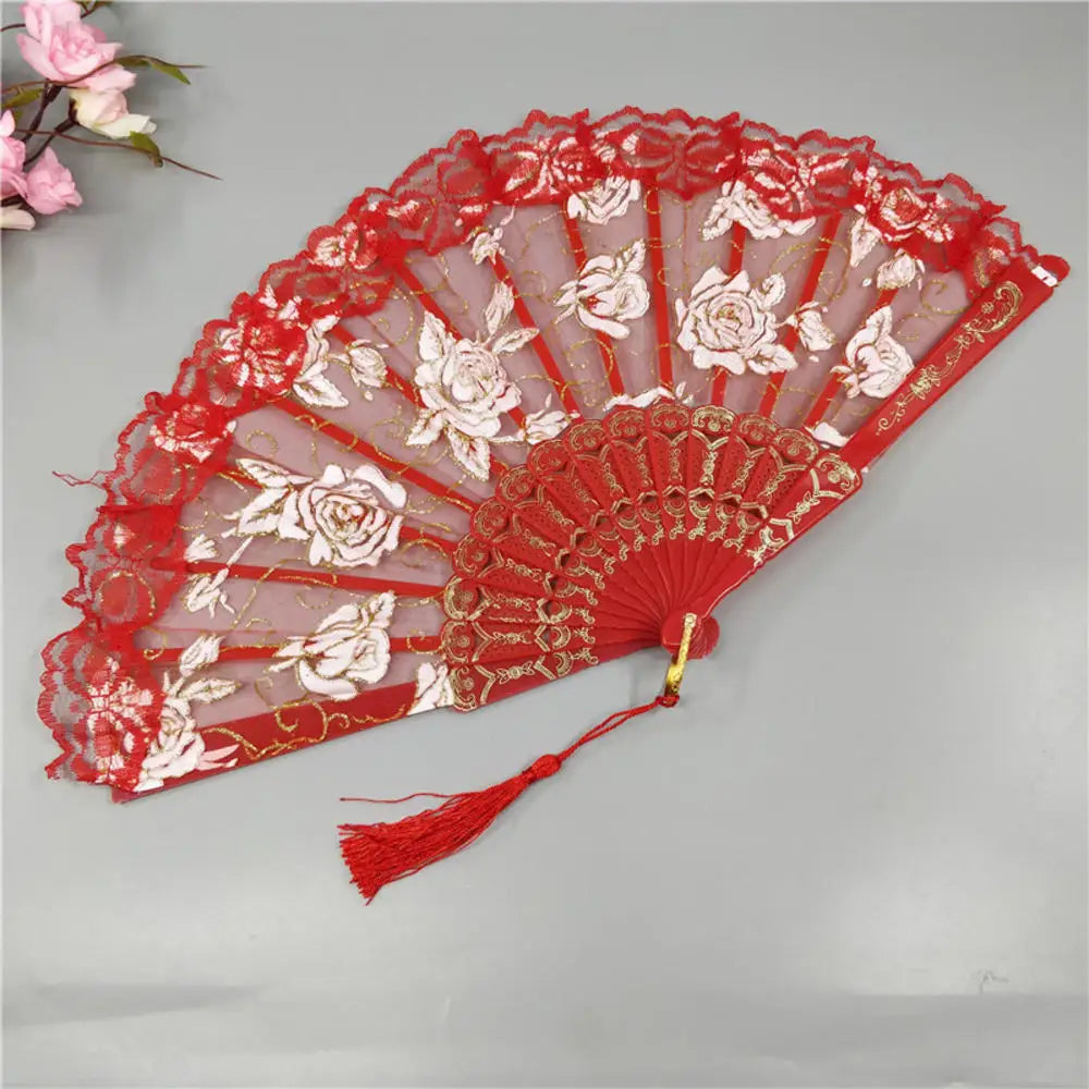 Lolita Lace Hand Fan – Gothic Victorian Folding Fan with Rose, Black White Red