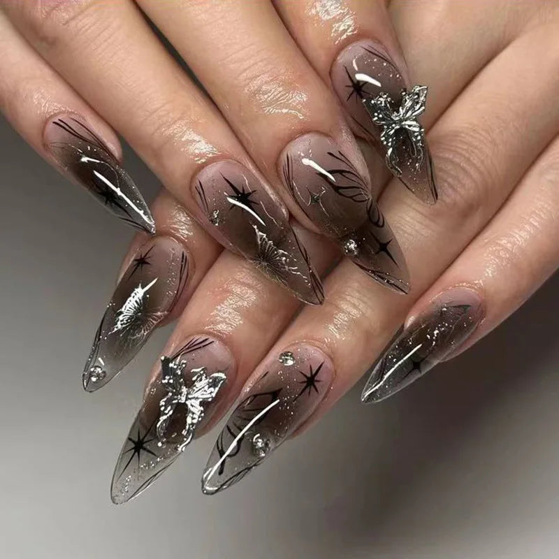 24Pcs Black Y2K Press On Nails, Diamond Butterfly Halloween Long Almond Tips