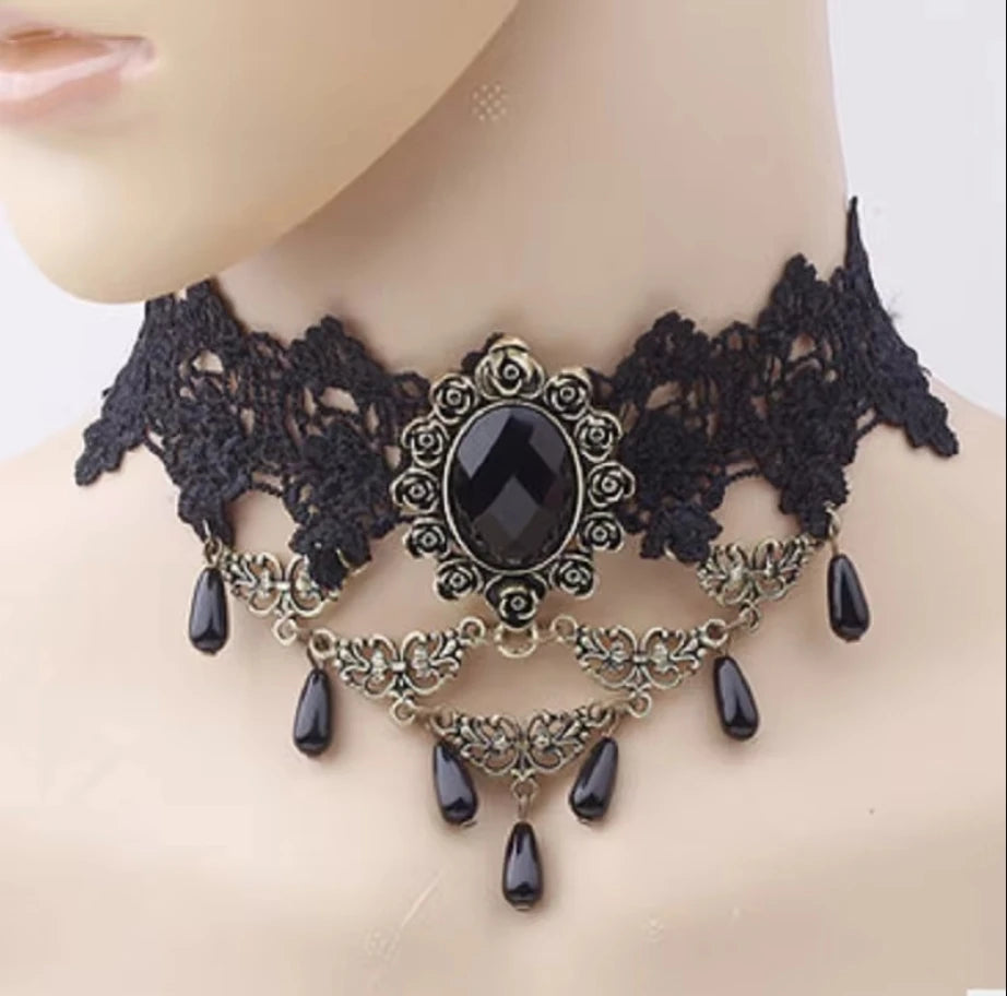 Gothic Victorian Black Lace Choker Necklace with Crystal Tassel, Dark Lolita Jewelry