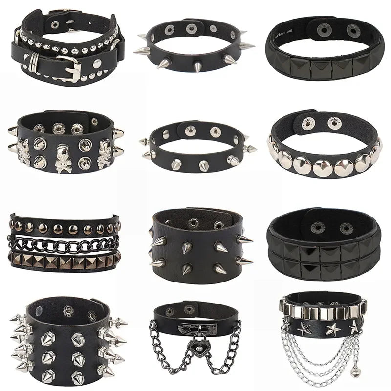 90s Heart Gothic Spike Bracelet – Adjustable Black Studded Faux Leather Punk Rock Wristband