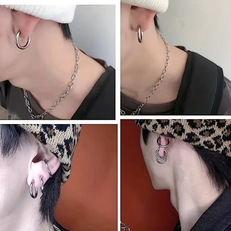 Punk 8-Piece Stainless Steel Ear Cuff Set - No Piercing Needed, Trendy Jewelry
