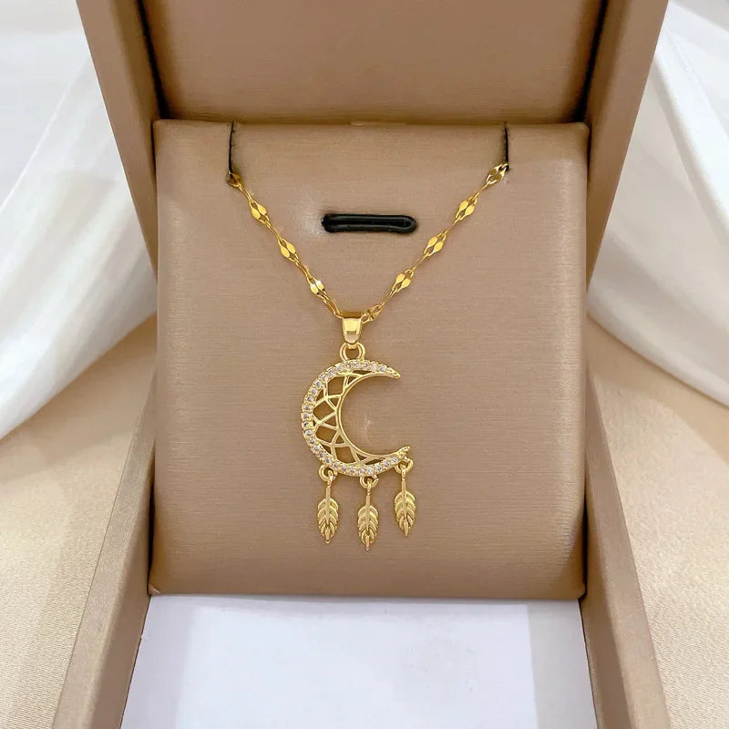 Crescent Moon Pendant Necklace Stainless Steel Zircon Vintage Jewelry