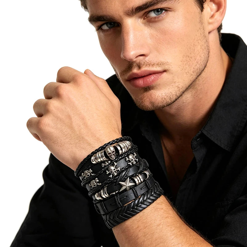 Black Punk Skull & Star Leather Bracelet Set – Gothic Alloy Wristband for Men & Women