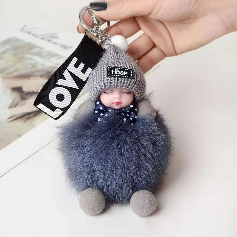 Cute Fluffy Sleepy Doll Keychain – Kawaii Plush Bag Charm Car Key Ring Gift
