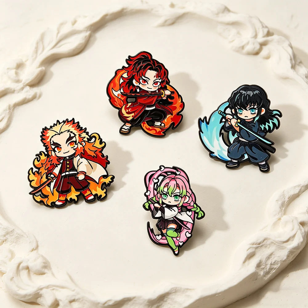 Demon Slayer Enamel Pins Set 4pcs Rengoku Anime Cartoon Jewelry Brooch Accessory