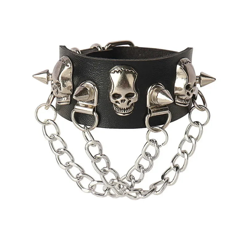 90s Heart Gothic Spike Bracelet – Adjustable Black Studded Faux Leather Punk Rock Wristband